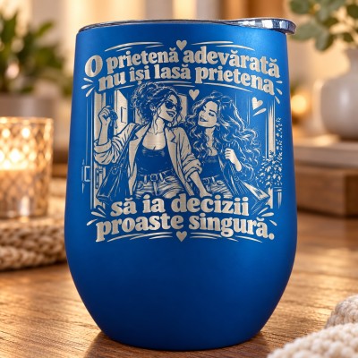 Termos Tip Pahar Vin Albastru 360 ml „O Prietenă Adevărată” | Giftopolis