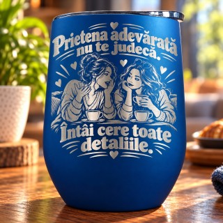 Termos Tip Pahar Vin Albastru 360 ml „Prietena Adevărată Nu Te Judecă” | Giftopolis