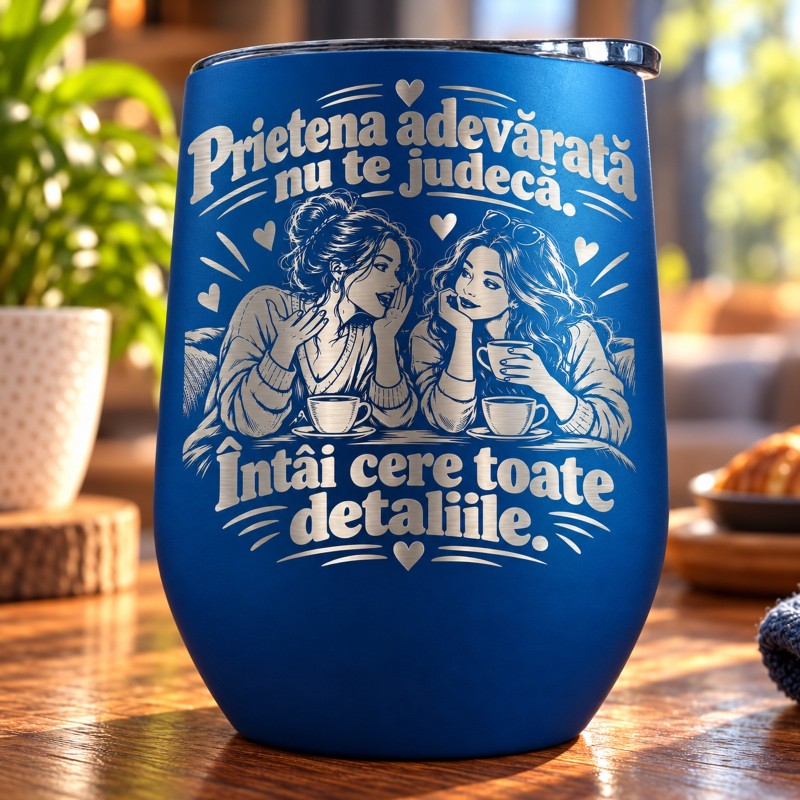 Termos Tip Pahar Vin Albastru 360 ml „Prietena Adevărată Nu Te Judecă” | Giftopolis