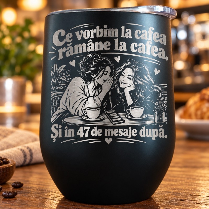 Termos Tip Pahar Vin Negru 360 ml „Ce Vorbim la Cafea Rămâne la Cafea” | Giftopolis