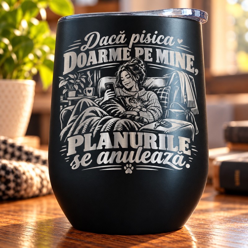                  Termos Tip Pahar Vin Negru 360 ml „Dacă Pisica Doarme pe Mine” | Giftopolis
               