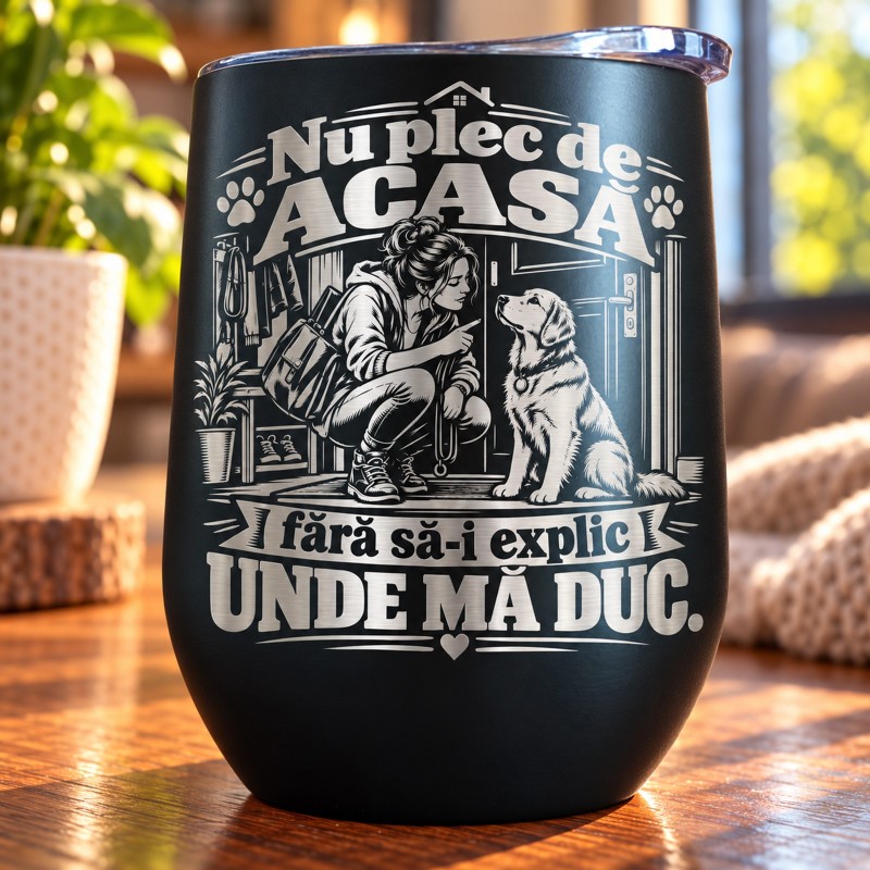                  Termos Tip Pahar Vin Negru 360 ml „Nu Plec de Acasă Fără Să-i Explic Unde Mă Duc” | Giftopolis
               