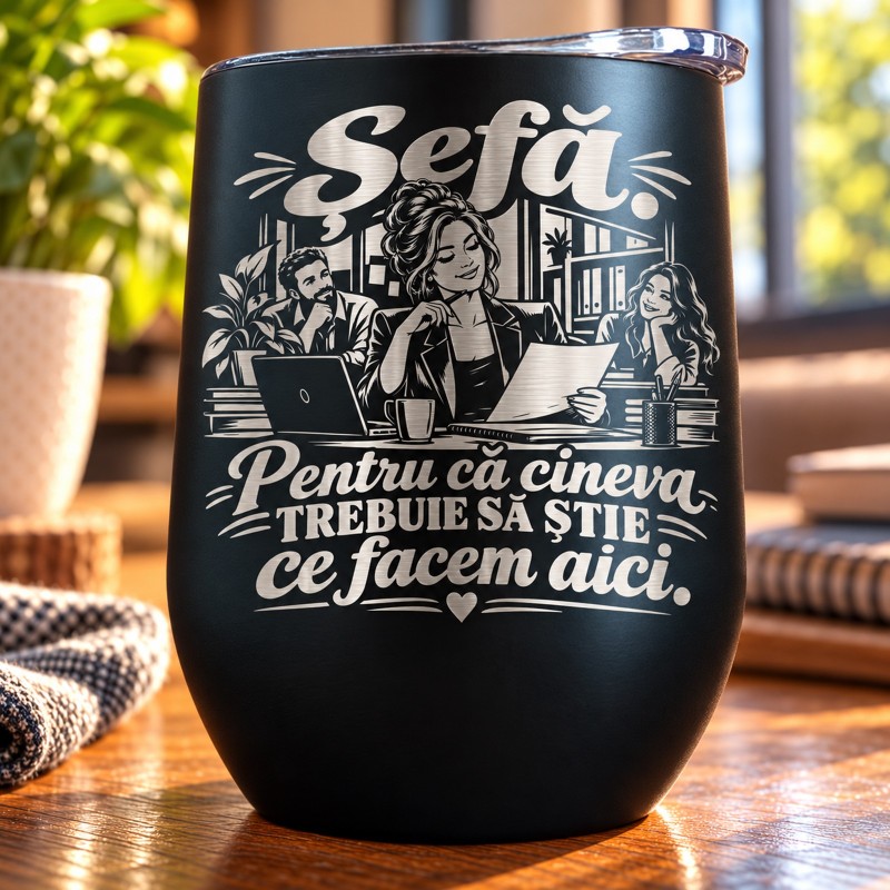Termos Tip Pahar Vin Negru 360 ml „Șefă” – Cadou pentru Șefă | Giftopolis