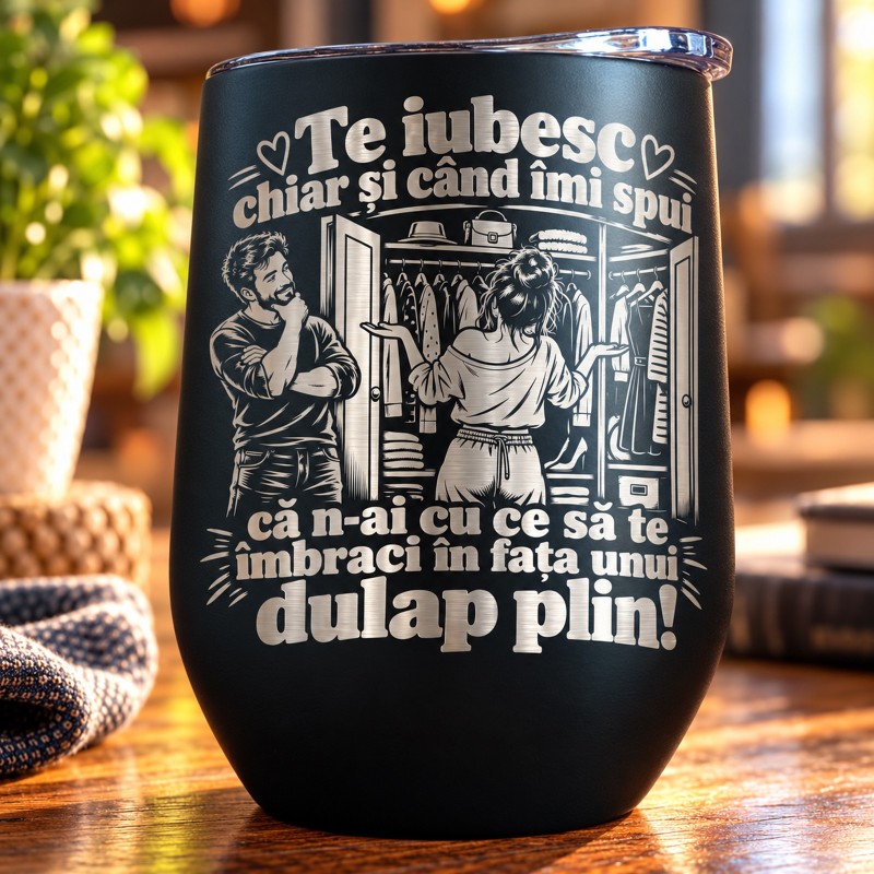 Termos Tip Pahar Vin Negru 360 ml „Te Iubesc Chiar și Când N-ai cu Ce Să Te Îmbraci” | Giftopolis