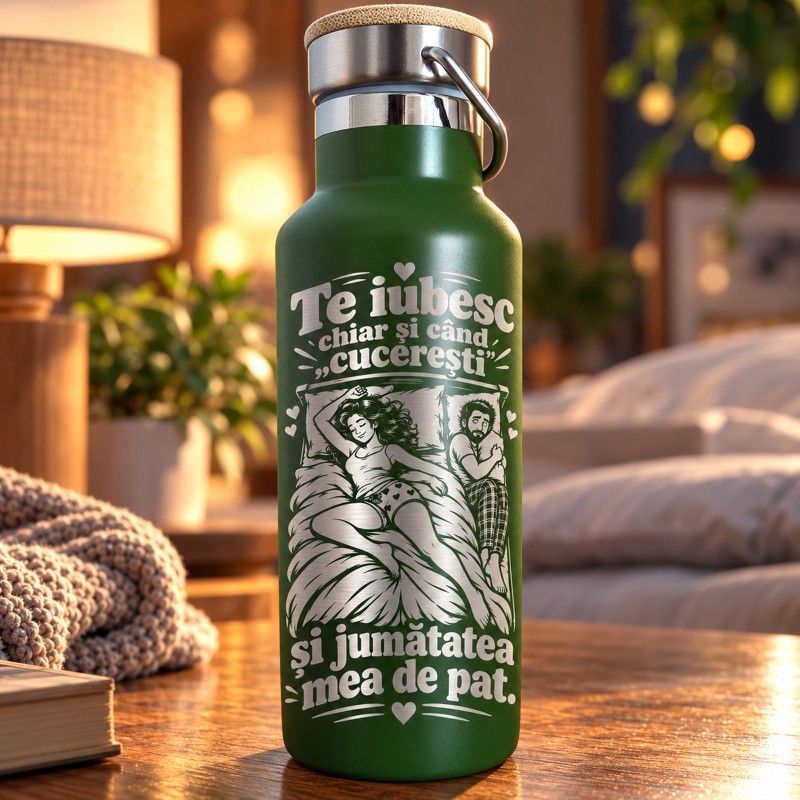                  Termos Inox Verde 500 ml „Te Iubesc Chiar și Când Îmi Ocupi Patul” | Giftopolis
               