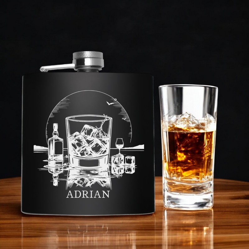 Sticla de buzunar Personalizata Inox Negru 200ml Whisky Nume