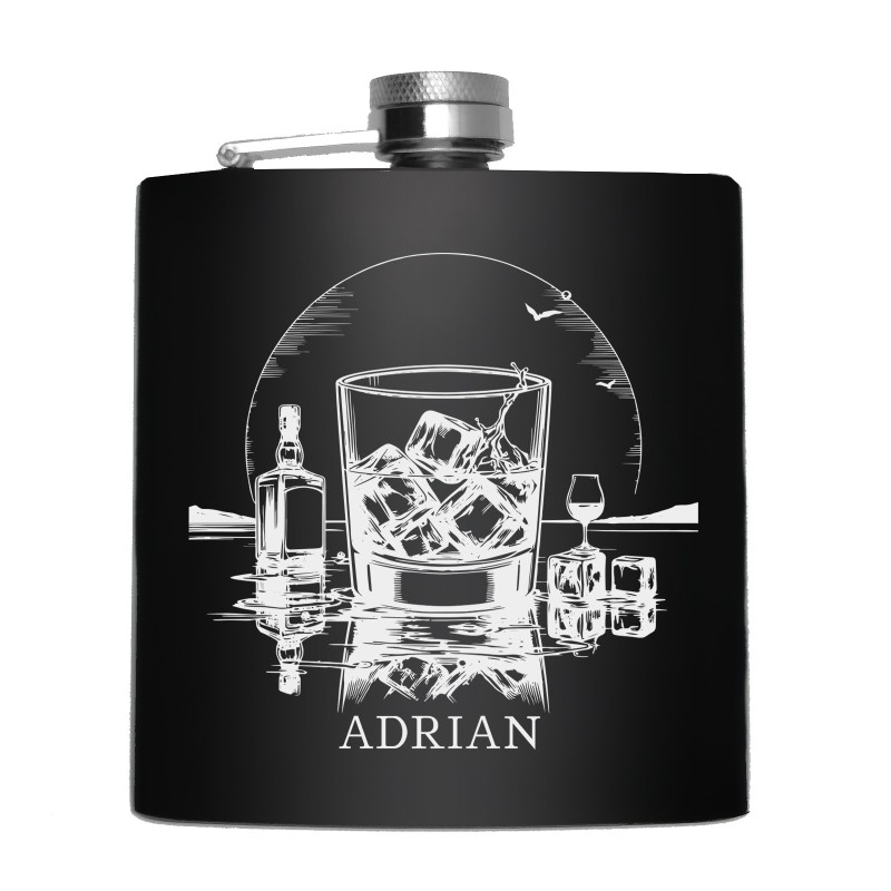 Sticla de buzunar Personalizata Inox Negru 200ml Whisky Nume