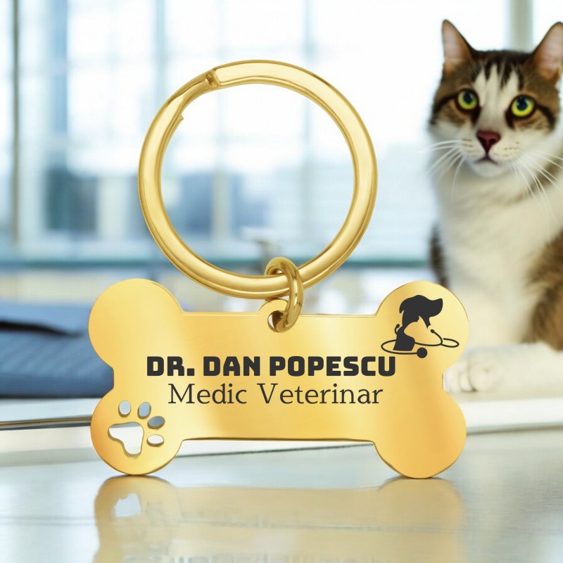 Breloc Personalizat Os Inox Auriu Doctor Veterinar