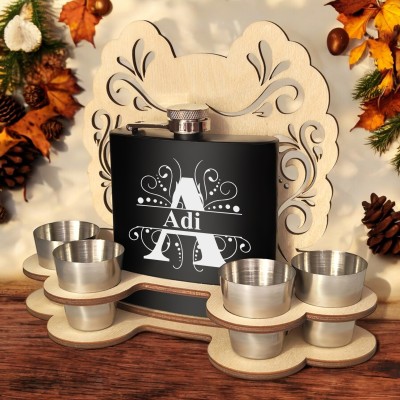 Set Cadou Pahare si Sticla de buzunar Personalizata Inox Negru 200ml Initiala Nume