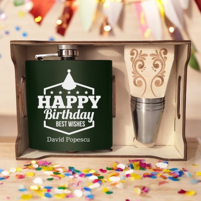 Set Cadou Pahare si Sticla de buzunar Personalizata Inox Verde 200ml Nume