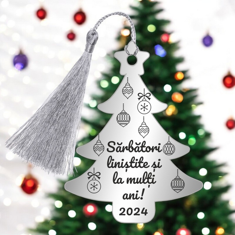 Decoratiune Personalizata Craciun Brad Inox Argintiu Urare An