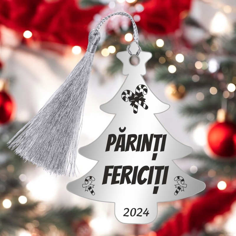 Decoratiune Personalizata Craciun Brad Inox Argintiu Mesaj si An