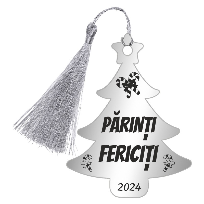 Decoratiune Personalizata Craciun Brad Inox Argintiu Mesaj si An