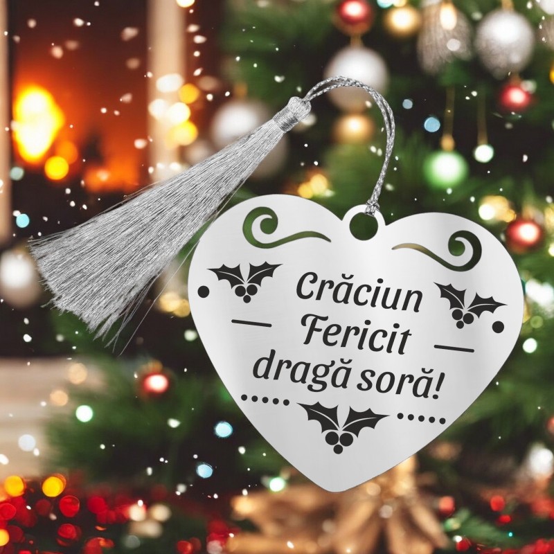 Decoratiune Personalizata Craciun Inima Inox Argintiu Urare