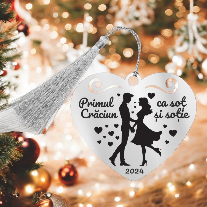 Decoratiune Personalizata Craciun Inima Inox Argintiu Indragostiti