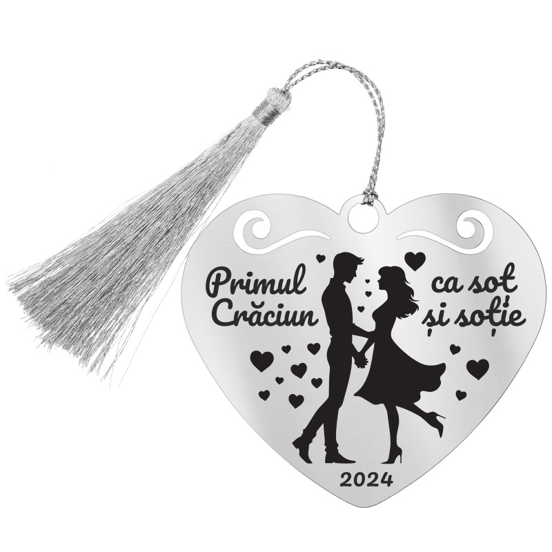 Decoratiune Personalizata Craciun Inima Inox Argintiu Indragostiti