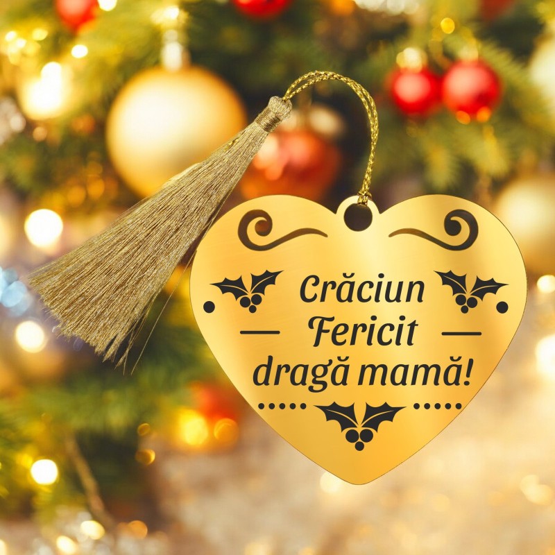 Decoratiune Personalizata Craciun Inima Inox Auriu Urare