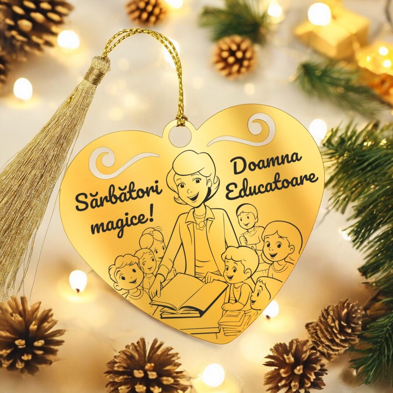                  Decoratiune Personalizata Craciun Inima Inox Auriu Profesoara
               