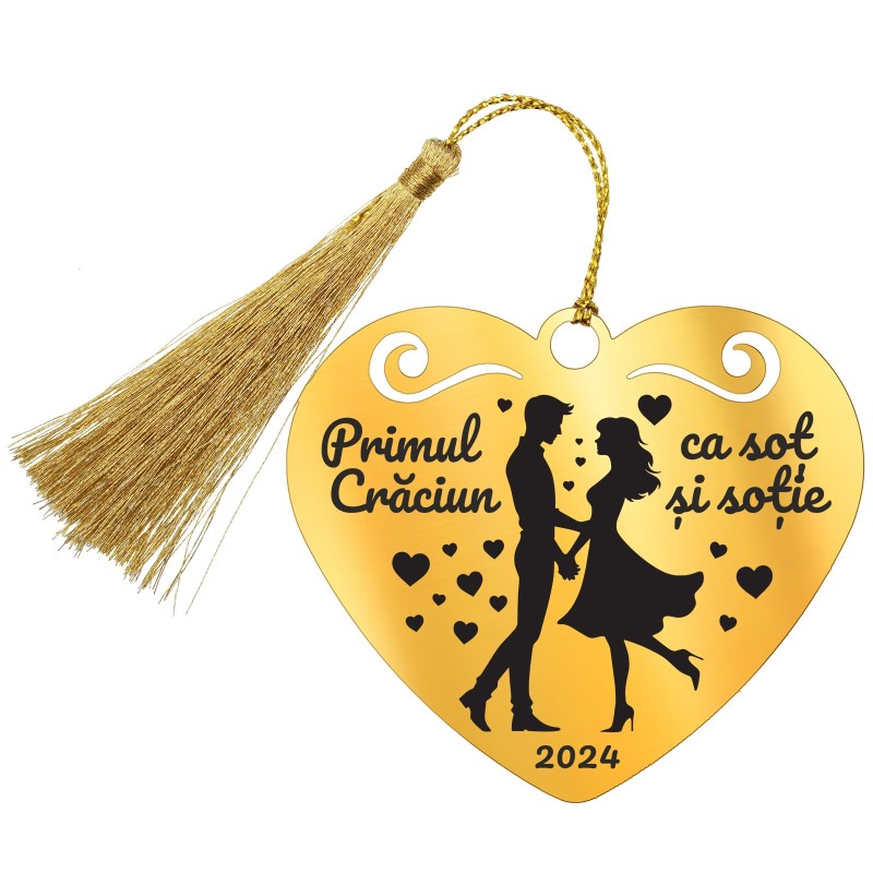 Decoratiune Personalizata Craciun Inima Inox Auriu Indragostiti