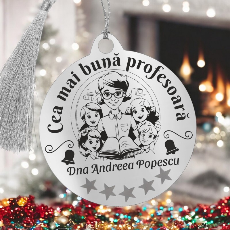 Decoratiune Personalizata Craciun Glob Inox Argintiu Nume Profesoara