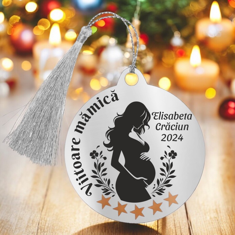                  Decoratiune Personalizata Craciun Glob Inox Argintiu Viitoare mamica
               