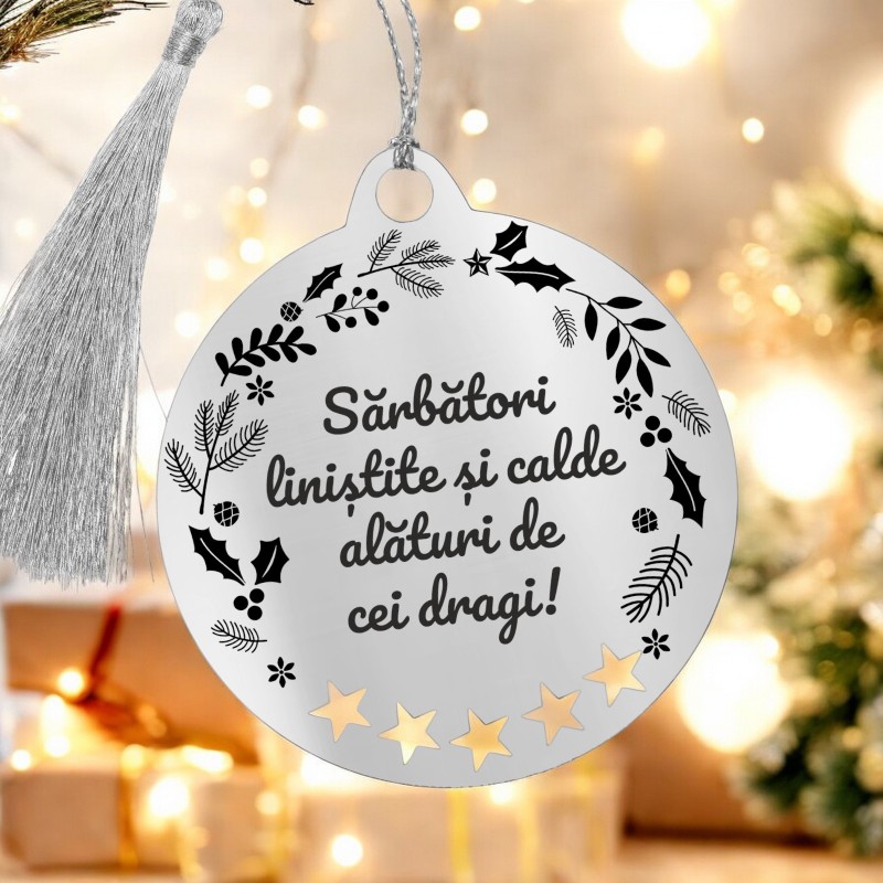                  Decoratiune Personalizata Craciun Glob Inox Argintiu Urare
               