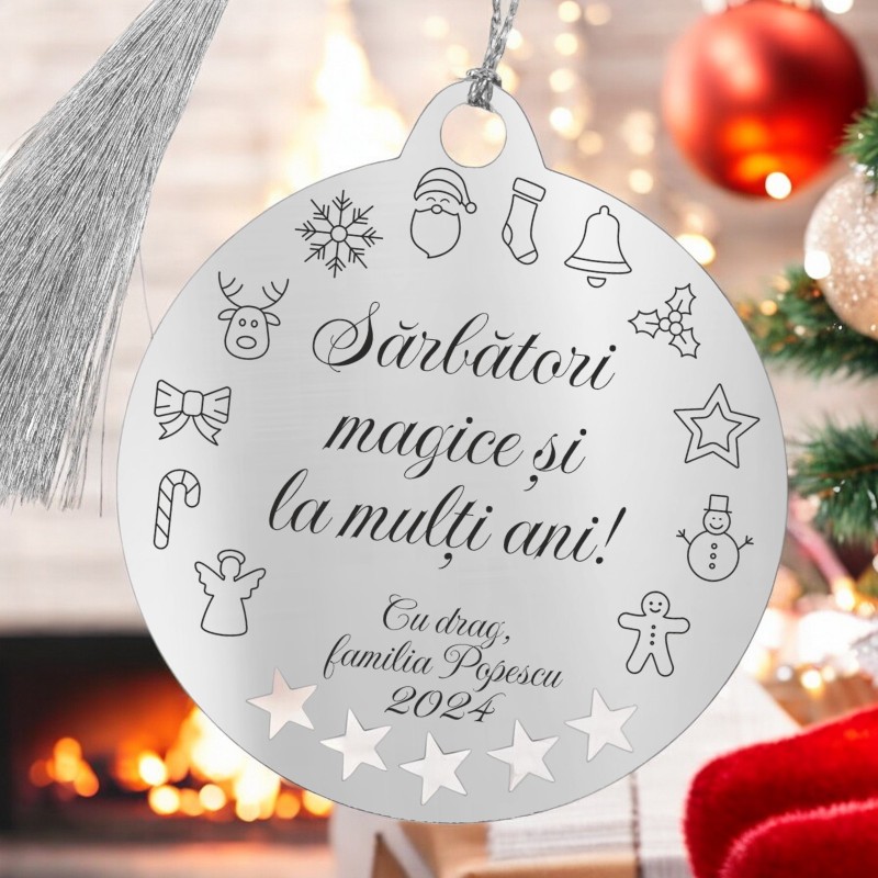                  Decoratiune Personalizata Craciun Glob Inox Argintiu Felicitare
               