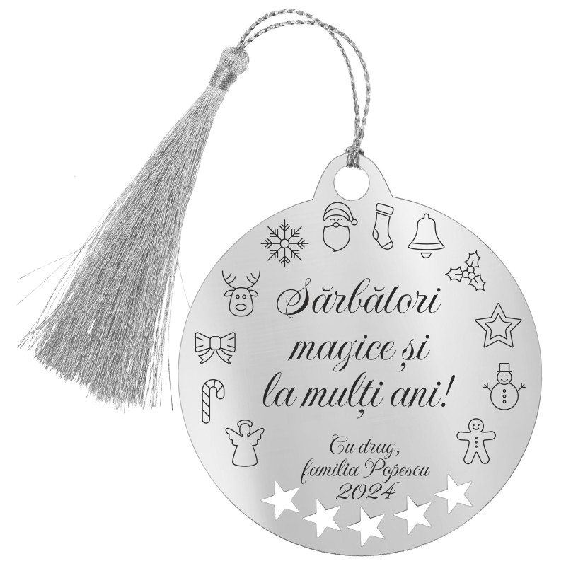                  Decoratiune Personalizata Craciun Glob Inox Argintiu Felicitare
               