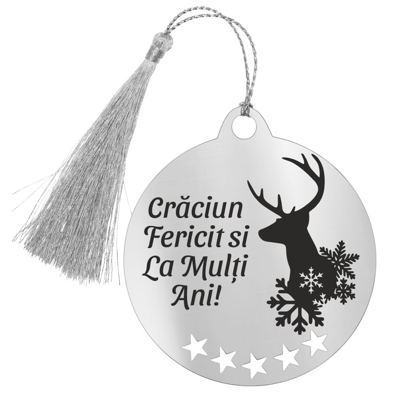Decoratiune Personalizata Craciun Glob Inox Argintiu Urare Ren