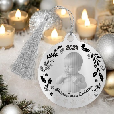 Decoratiune Personalizata Craciun Glob Inox Argintiu Primul Craciun