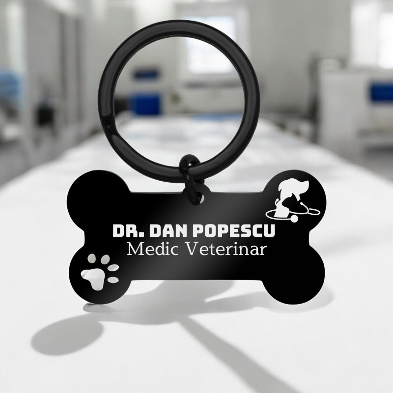 Breloc Personalizat Os Inox Negru Doctor Veterinar