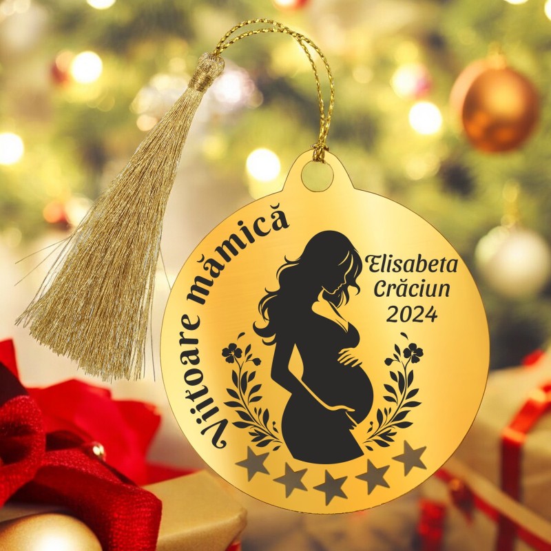                  Decoratiune Personalizata Craciun Glob Inox Auriu Viitoare mamica
               