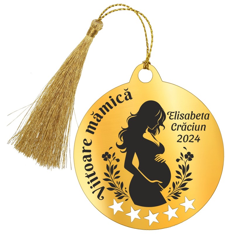                  Decoratiune Personalizata Craciun Glob Inox Auriu Viitoare mamica
               