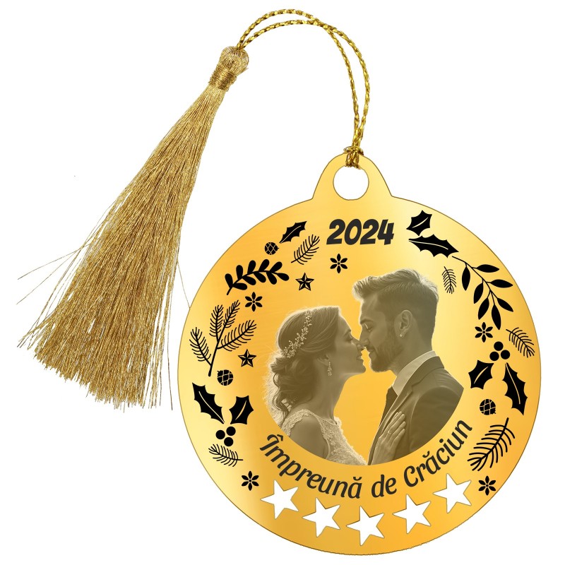 Decoratiune Personalizata Craciun Glob Inox Auriu Impreuna de Craciun