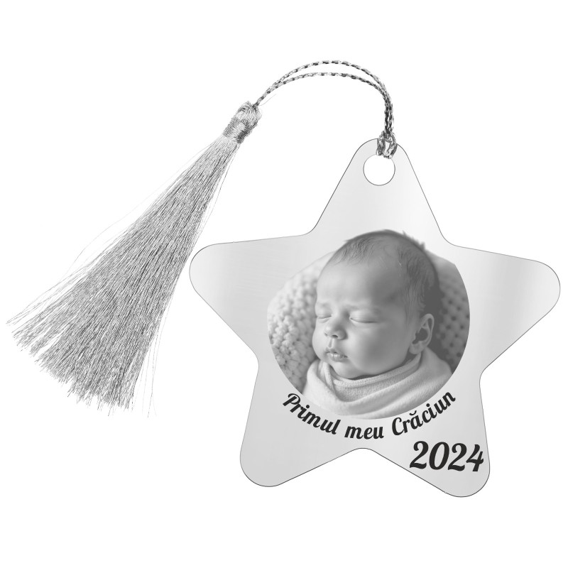 Decoratiune Personalizata Craciun Stea Inox Argintiu Primul Craciun Poza