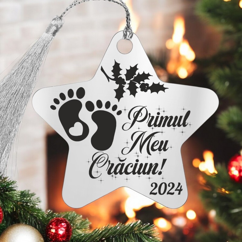 Decoratiune Personalizata Craciun Stea Inox Argintiu Priimul meu Craciun