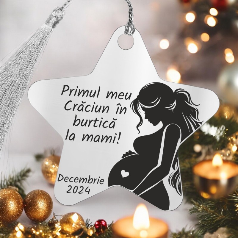 Decoratiune Personalizata Craciun Stea Inox Argintiu Graviduta