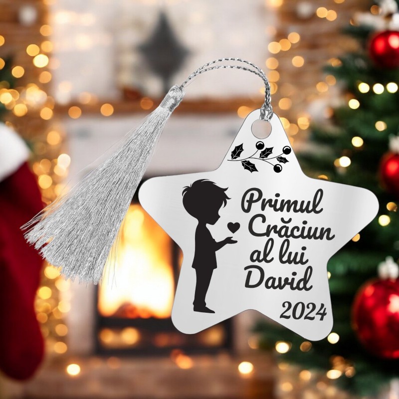 Decoratiune Personalizata Craciun Stea Inox Argintiu Baiat