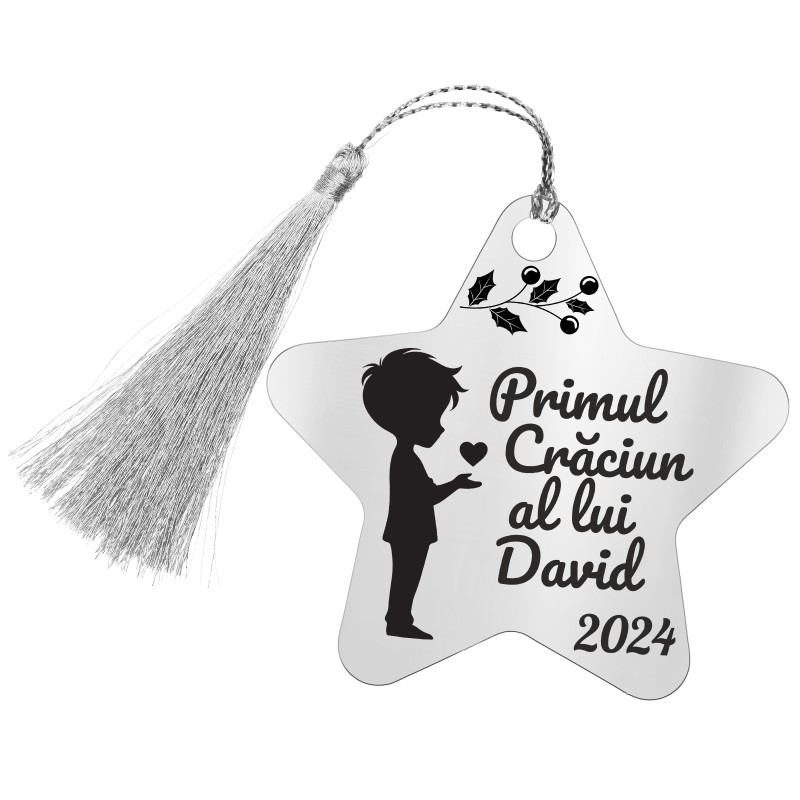 Decoratiune Personalizata Craciun Stea Inox Argintiu Baiat