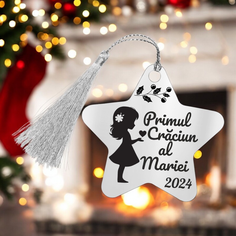 Decoratiune Personalizata Craciun Stea Inox Argintiu Fata