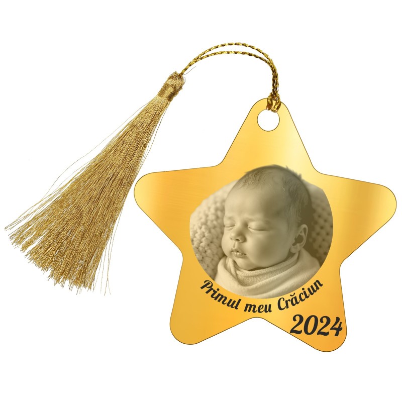 Decoratiune Personalizata Craciun Stea Inox Auriu Primul Craciun Poza