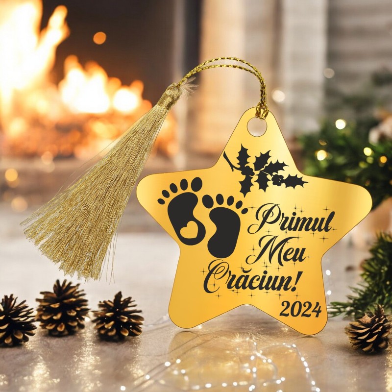                  Decoratiune Personalizata Craciun Stea Inox Auriu Priimul meu Craciun
               