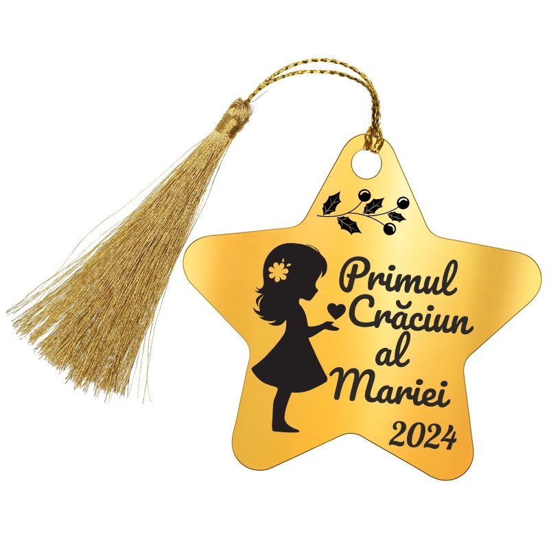 Decoratiune Personalizata Craciun Stea Inox Auriu Fata
