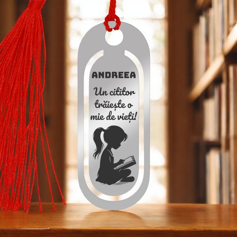                  Semn de Carte Personalizat Oval Inox Argintiu Nume Cititor
               