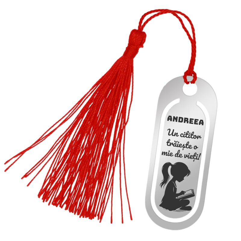                  Semn de Carte Personalizat Oval Inox Argintiu Nume Cititor
               