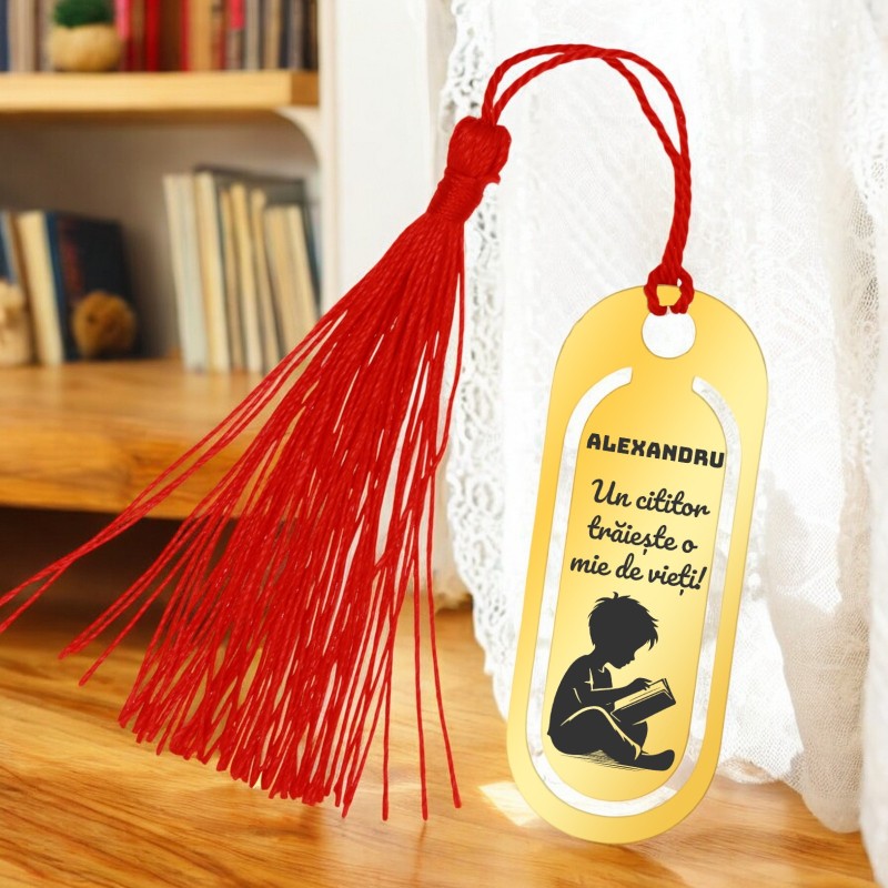                  Semn de Carte Personalizat Oval Inox Auriu Nume Cititor
               