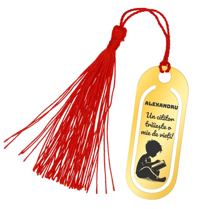                  Semn de Carte Personalizat Oval Inox Auriu Nume Cititor
               