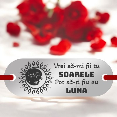 Bratara Personalizata Elastic negru Placuta Inox Argintiu Soare Luna