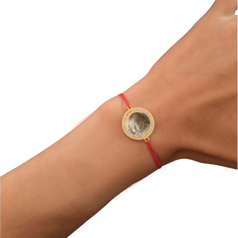 Bratara personalizata Elastic Rosu Rotund Pietre Inox Auriu Poza
