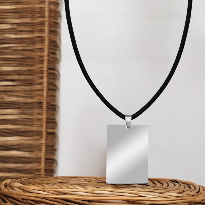 Colier Personalizat Dreptunghi Inox Argintiu Piele Cum Vrei Tu